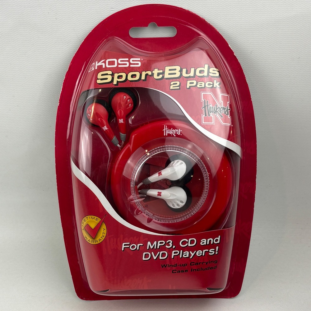 Koss Nebraska Huskers SportBuds‎ 2 Pack Earbuds Red White Wind-up Case NCAA